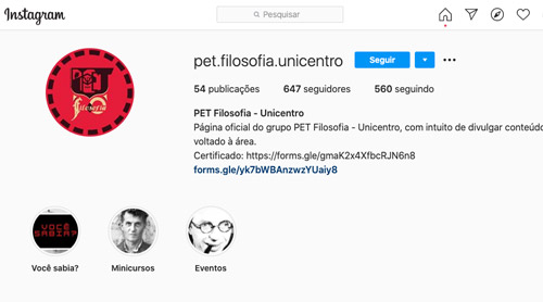Página do PET Filosofia no Instagram promoverá diversos conteúdos e eventos no período da pandemia.
