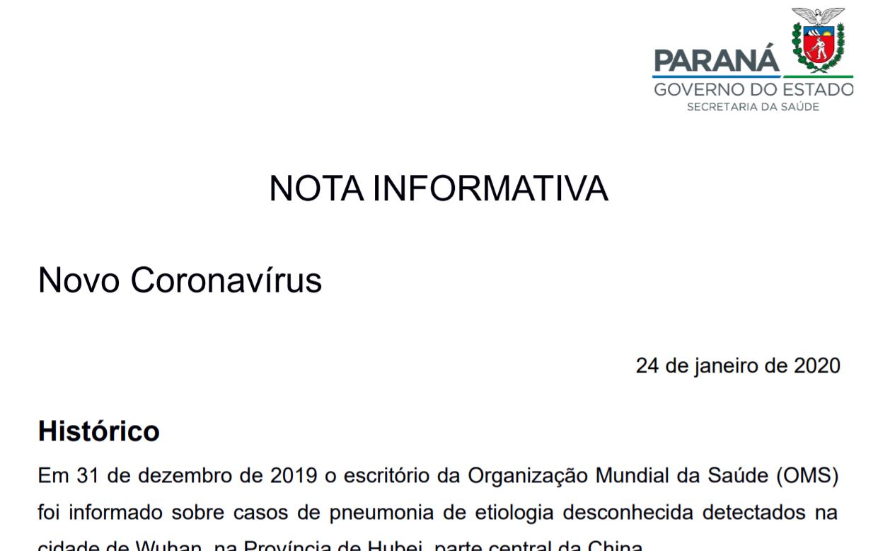 Governo emite nota com orientações para controle e prevenção do Novo Coronavirus