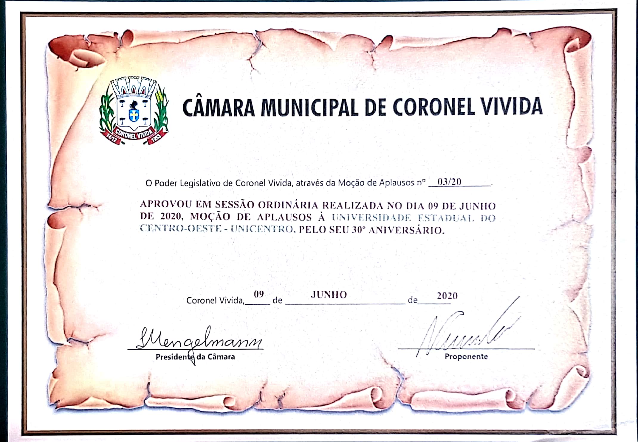 Câmara Municipal de Coronel Vivida aprova Moção de Aplausos para a Unicentro