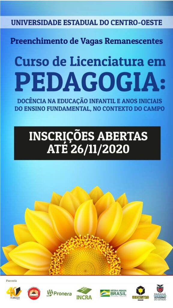 Unicentro recebe inscrições para vagas remanescentes para curso de Pedagogia do Campo