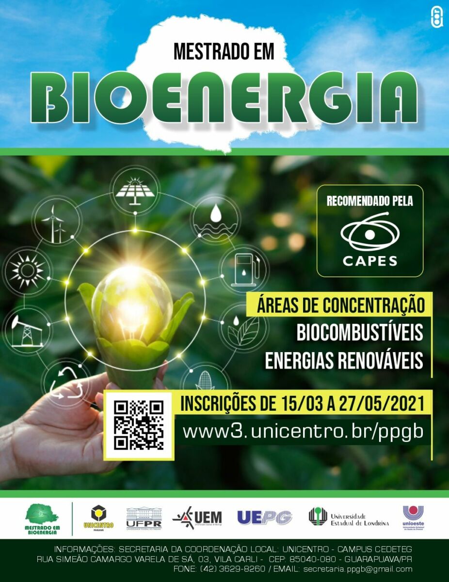 Abertas as inscrições para a turma 2021 do Mestrado em Bioenergia